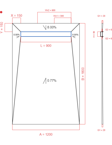 Showerlay Wiper 4 way 1200 x 1800 mm Line Premium Pure 900 mm Brushed, Spessore: 20 a 6 mm Uscite: 300 600 mm, Trappola per rifiuti: H+M Drop 35/50 