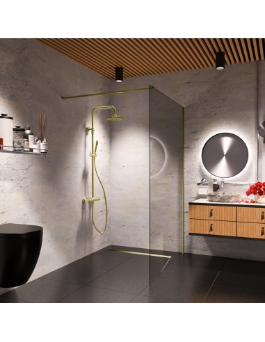 Esempio di unn bagno scuro combinato con elementi moderni in legno e accessori Oro 