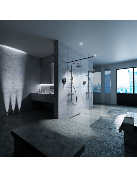 Esempio di un bagno estetico in colore blu-grigio con una grande doppi doccia e accessori Nero e uno schermo doccia moderno