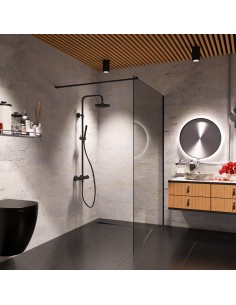 Esempio di unn bagno scuro combinato con elementi moderni in legno e accessori Nero 