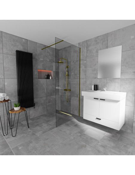 Esempio di un bagno senza tempo con piastrelle grandi con grigio ed un area doccia aperta con scarico lineare integrato Oro 