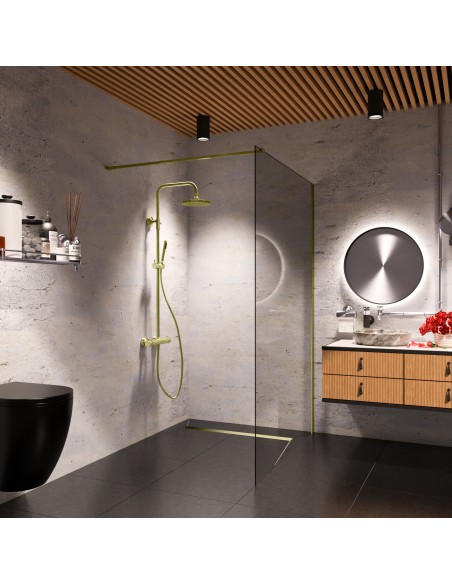 Esempio di unn bagno scuro combinato con elementi moderni in legno e accessori Oro 