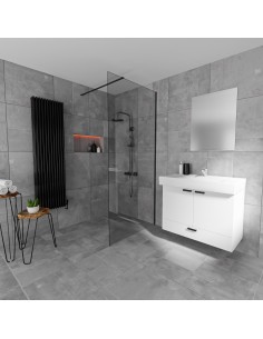 Esempio di un bagno senza tempo con piastrelle grandi con grigio ed un area doccia aperta con scarico lineare integrato Nero 