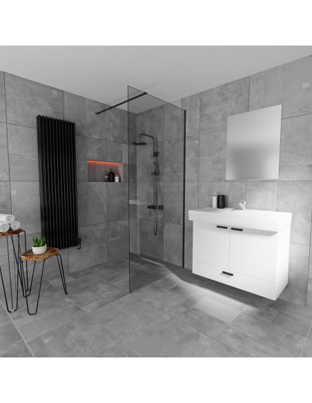 Esempio di un bagno senza tempo con piastrelle grandi con grigio ed un area doccia aperta con scarico lineare integrato Nero 