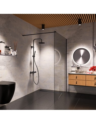 Esempio di unn bagno scuro combinato con elementi moderni in legno e accessori Nero 