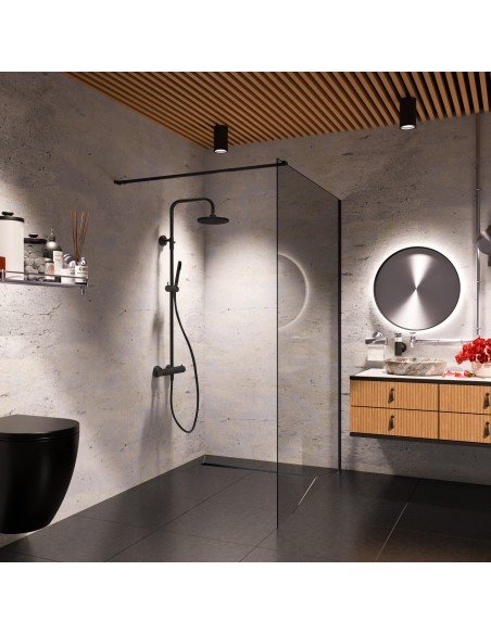 Esempio di unn bagno scuro combinato con elementi moderni in legno e accessori Nero 