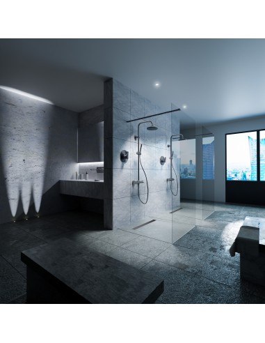 Esempio di un bagno estetico in colore blu-grigio con una grande doppi doccia e accessori Nero e uno schermo doccia moderno