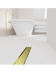 Esempio di un area doccia aperta con vasca e scarico Gold integrato, con pavimento in microcemento chiaro