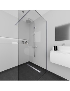 Esempio di un bagno elegante bianco-nero, con doccia walk in, scarico lineare, schermo doccia e finitura in vinile