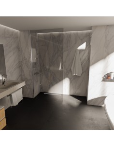 Esempio di un bagno moderno con doccia walk-in e vinile scuro, con muri in vinile stile marmo