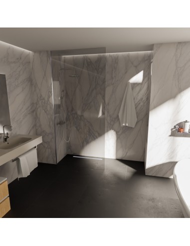 Esempio di un bagno moderno con doccia walk-in e vinile scuro, con muri in vinile stile marmo