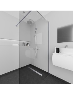 Esempio di un bagno elegante bianco-nero, con doccia walk in, scarico lineare, schermo doccia e finitura in vinile