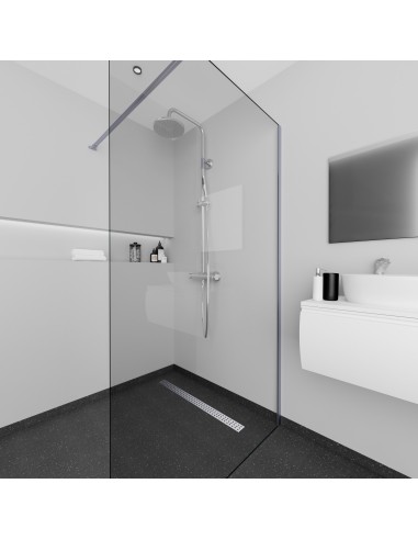 Esempio di un bagno elegante bianco-nero, con doccia walk in, scarico lineare, schermo doccia e finitura in vinile