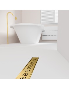 Esempio di un area doccia aperta con vasca e scarico Brass integrato, con pavimento in microcemento chiaro
