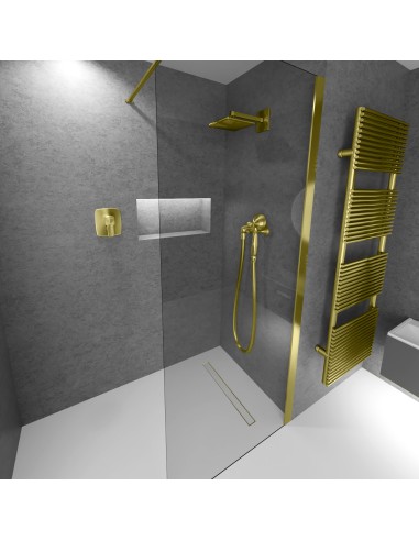 Esempio di una doccia moderna con muri grigi e pavimento in microcemeento chiaro, con accessori Gold