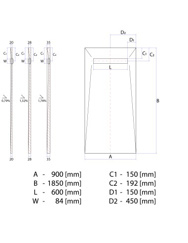 Disegno tecnico: Resinbase Wiper 900 x 1850 mm MCR PVD Mistral Gold 