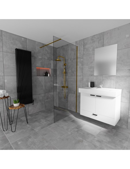 Esempio di un bagno senza tempo con piastrelle grandi con grigio ed un area doccia aperta con scarico lineare integrato Ottone 