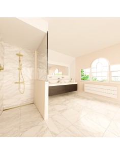 Esempio di una doccia chiara con doccia aperta, con piastrelle grandi stile marmo e accesori di colore Ottone 