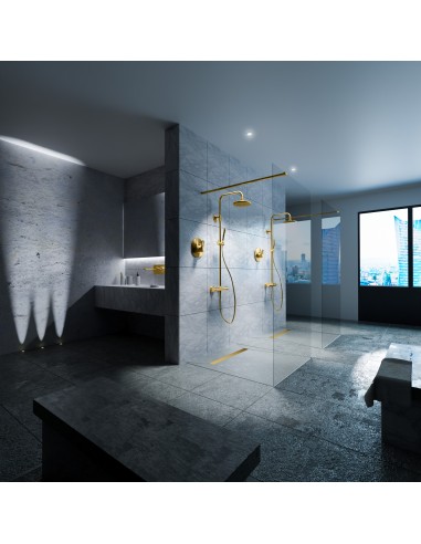 Esempio di un bagno, in colore blu-grigio con una grande doppi doccia e accessori Ottone e uno schermo doccia moderno
