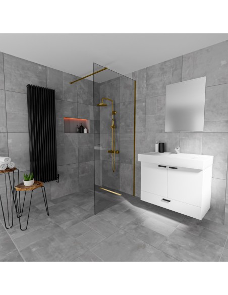 Esempio di un bagno senza tempo con piastrelle grandi con grigio ed un area doccia aperta con scarico lineare integrato Ottone 