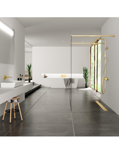 Esempio di una doccia lussuosa in colore bianco-nero con doccia walk in al centro,  cn schermo doccia Ottone 