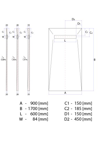 Disegno tecnico : Scarico Lineare Wiper 900x1700 Elite Mistral 