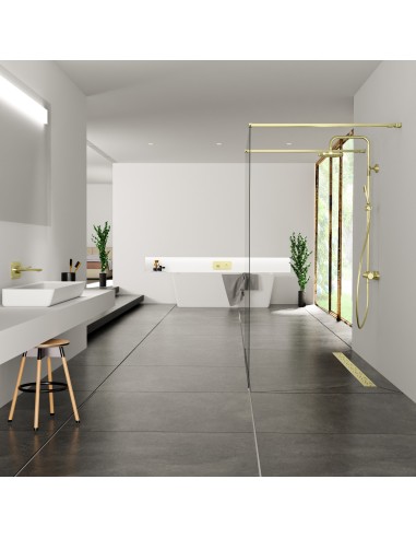 Esempio di una doccia lussuosa in colore bianco-nero con doccia walk in al centro,  cn schermo doccia Oro 