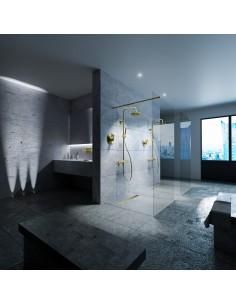 Esempio di un bagno, in colore blu-grigio con una grande doppi doccia e accessori Oro e uno schermo doccia moderno