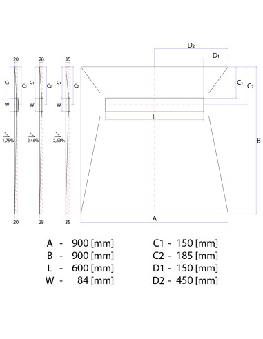 Disegno tecnico : Scarico Lineare Wiper 900x900 Elite Tivano 