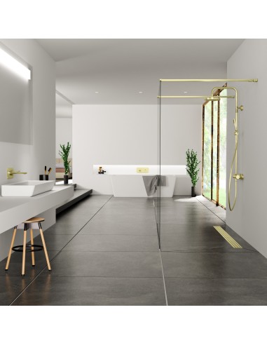 Esempio di una doccia lussuosa in colore bianco-nero con doccia walk in al centro,  cn schermo doccia Oro 