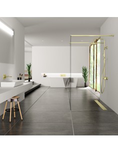 Esempio di una doccia lussuosa in colore bianco-nero con doccia walk in al centro,  cn schermo doccia Oro 