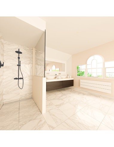 Esempio di una doccia chiara con doccia aperta, con piastrelle grandi stile marmo e accesori di colore Nero  - tiled cover side