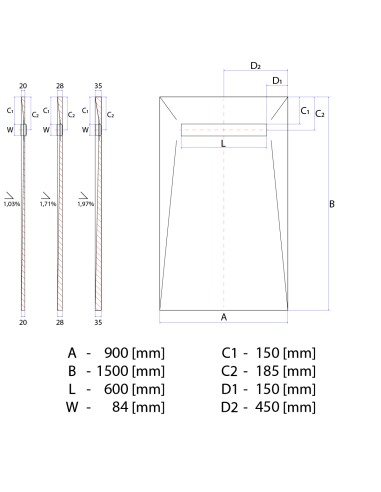Disegno tecnico : Scarico Lineare Wiper 900x1500 Elite Reversible 
