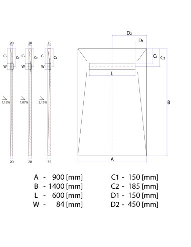 Disegno tecnico : Scarico Lineare Wiper 900x1400 Elite Reversible 
