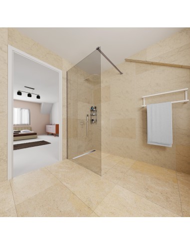 Esempio di un bagno aperto accanto alla camera da letto a tema caldo con doccia a pioggia e una parete doccia moderna
