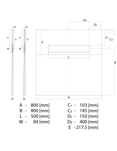 Diagramma tecnico del piatto doccia ONEWAY 800x800 Line Premium Zonda