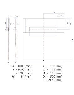Diagramma tecnico del piatto doccia ONEWAY 1000x1000 Line Premium Pure