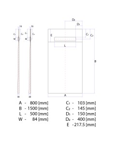 Diagramma tecnico del piatto doccia ONEWAY 800x1500 Line Premium Mistral