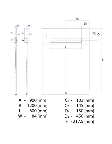 Diagramma tecnico del piatto doccia ONEWAY 900x1200 Line Premium Sirocco