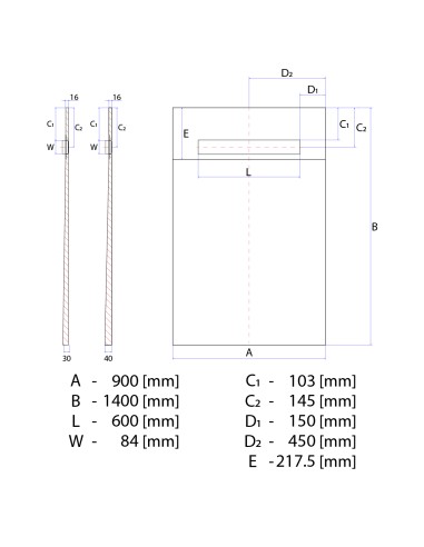 Diagramma tecnico del piatto doccia ONEWAY 900x1400 Line Premium Mistral