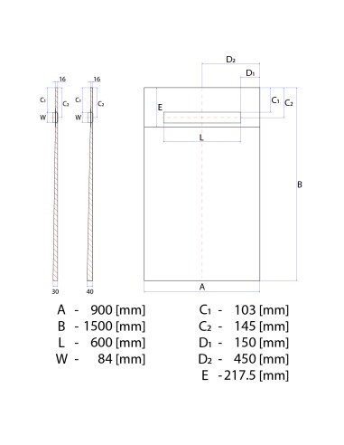 Diagramma tecnico del piatto doccia ONEWAY 900x1500 Line Premium Sirocco