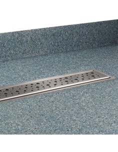 Vista del piatto doccia montato con vinile blu e scarico con copertura Mistral