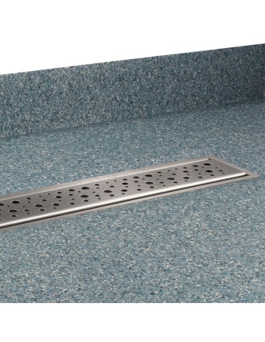 Vista del piatto doccia montato con vinile blu e scarico con copertura Mistral