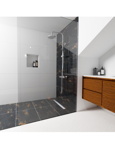 Esempio: Design bagno unico con muri bianchi, pavimento nero e accenti in bronzo Esempio: Design bagno unico con muri bianchi, pavimento nero e accenti in bronzo