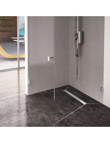 Esempio: Doccia angolare aperta con pendenza su 4 lati e separazione in vetro moderna (formato quadrato) Esempio: Doccia angolare aperta con pendenza su 4 lati e separazione in vetro moderna (formato quadrato)