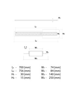 Disegno tecnico: Canalina doccia Wiper Premium Offset con uscita laterale 700 Mistral