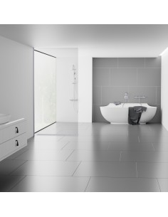 Esempio: Design bagno senza tempo in grigio-bianco con doccia walk-in aperta e moderni elementi in vetro