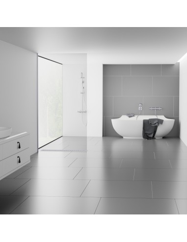 Esempio: Design bagno senza tempo in grigio-bianco con doccia walk-in aperta e moderni elementi in vetro