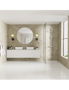 Esempio: Design luminoso e accogliente con decorazione murale beige e parete in vetro per la doccia
