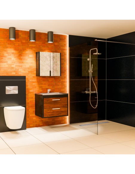 Esempio: Design bagno industriale con mattoni rossi e doccia aperta con piastrelle nere